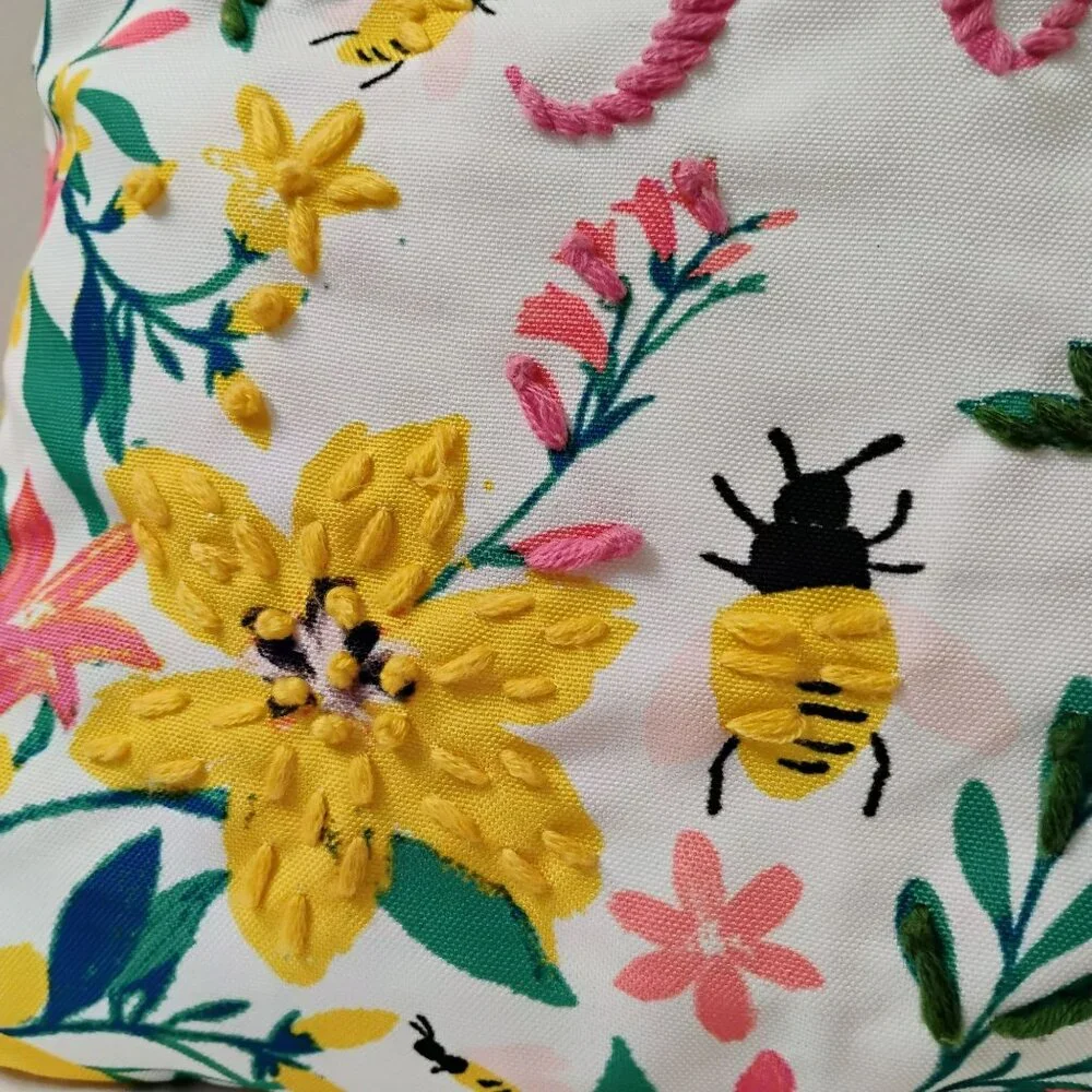 Bee Happy Embroidered Throw Pillow With Floral & Bee Design, Cottagecore Decor